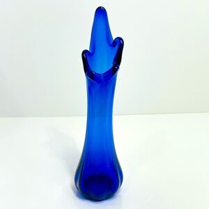 Vintage MCM Cobalt Blue Five Finger Handblown Glass Swung Vase 11.25”